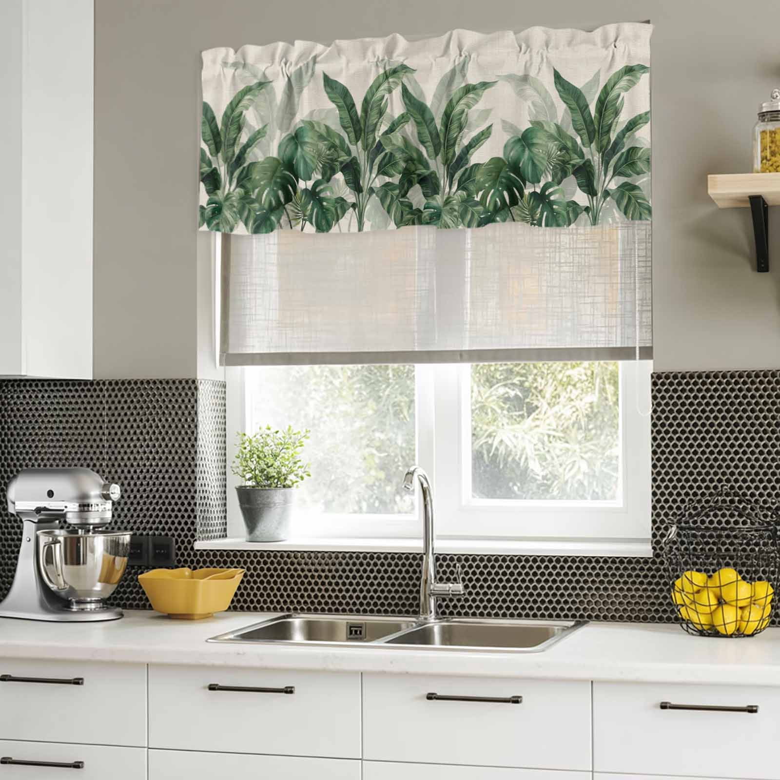 2 Pack Valances for Windows, Palm Leaves Tropical Window Valances for Living Room/Bedroom/Bathroom, Green Botanical Summer Linen Light Filtering Kitchen Curtain Valance Window Treatment 60"W x18" L