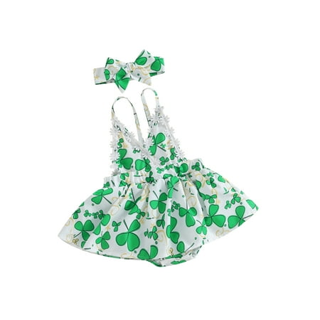 

Baby Girl Irish Outfits Shamrock Print Romper Dress and Headband
