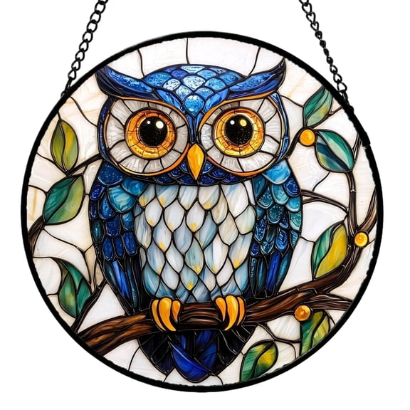 Round Owl Suncatcher Acrylic Puzzles Window Hanging, Stained Glass Style Wind Chime Pendant Garden Decor for Living Room Garden Patio Indoor Window Art 7.87in