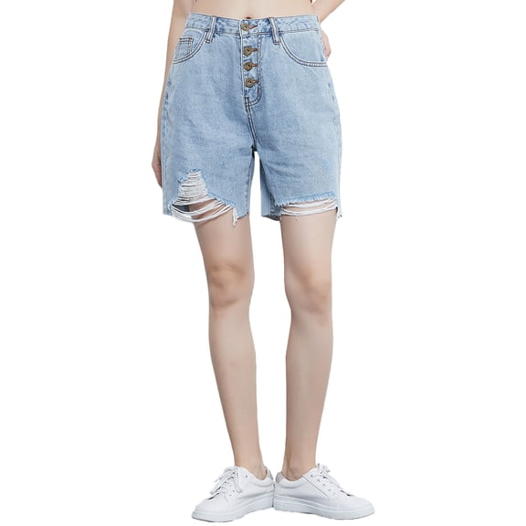 Women's Juniors Ripped Denim Shorts High Waist Short Jeans, Light Denim, Large