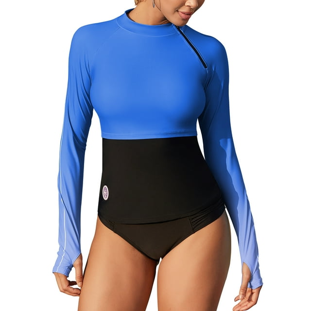 Charmo Hauts de Bain pour Femmes à Col Rond, Grandioses, UPF 50+, Maillot Dermoprotecteur, Chandails de Bain à Manches Longues avec Trou pour le Pouce