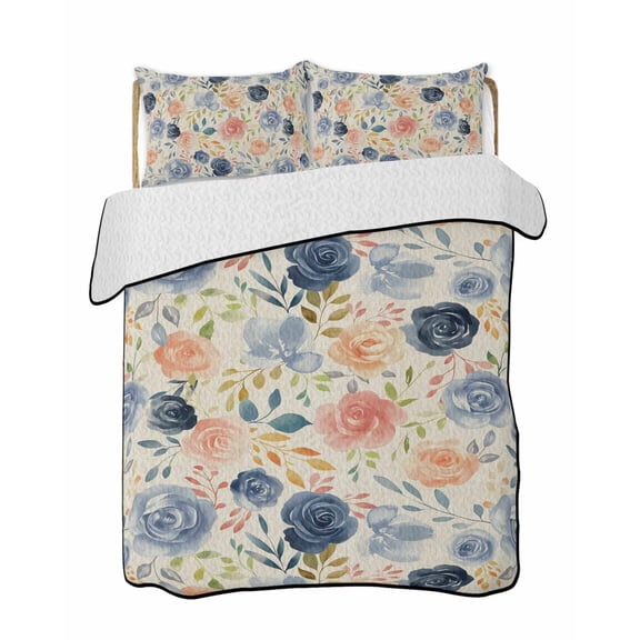 Vintage Flowers Quilts Bedding Set King Size Pink Blue Flowers Leaf Decoration Lightweight Quilted Bedspread 3 Piece Bed Quilt with 2 Pillow Shams All Season for Bedroom 90" x 96"