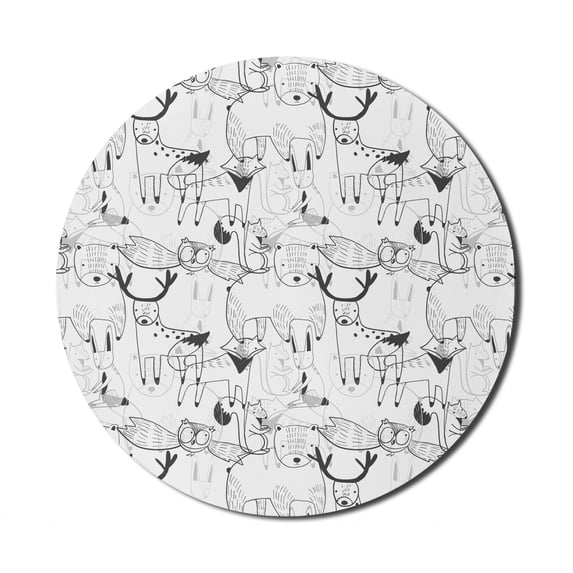 Animal Mouse Pad for Computers, Reindeer Fox Rabbits Owl Squirrels Sketch Silhouettes Print on Plain Backdrop, Round Non-Slip Thick Rubber Modern Mousepad, 8" Round, White Dark Taupe, by Ambesonne