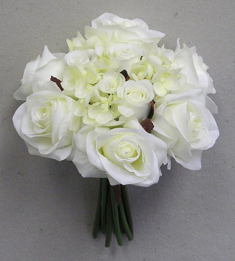 Artificial Silk Flowers Bush Arrangement Cream Rose Hydrangea Wedding Bouquet 