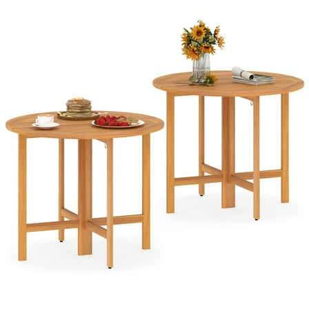 Costway 2PCS 36" Outdoor Folding Round Dining Table with  Slatted Tabletop for Backyard