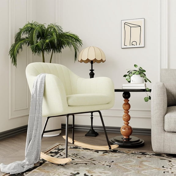 KOKEBREN Indoor Rocking Chair with Backrest Stylish Nursery Rocker with Padded Seat Rubber Wood Legs,White