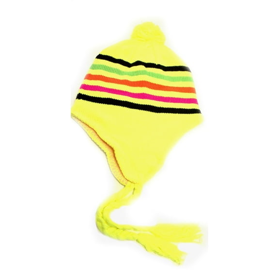 Neon Yellow Striped Tassel Pom Beanie