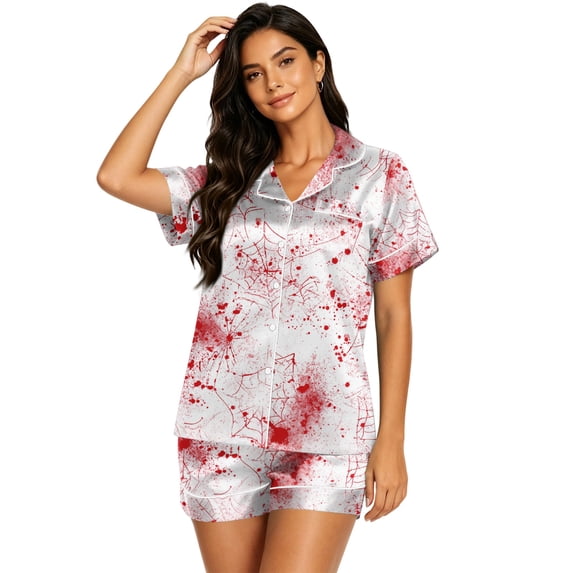 IYYVV Halloween Pajama Sets For Women Devil Trendy Ghost Silk Satin Sleepwear Button Down Short Sleeve Silk Pajama Sets Sleepwear Lounge Sets White S