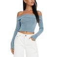 thumbnail image 2 of Womens Elegant Off Shoulder Long Sleeve Slim Fit Stretch Blouse Top Tee Backless Ribbed Knit Wrap Tee Crop Top, 2 of 9