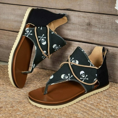 

Women s Sunflower Printed Flat Sandals Open Toe Back Zipper Thong Canvas Shoes Casual Anti-skid Sandals-1540