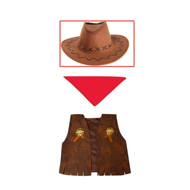 BRIGHTFUFU Disfraz de vaquero para niños, conjunto de chaleco, sombrero y bandana para Halloween, fiesta de disfraces, cosplay, marrón, 115-130 M