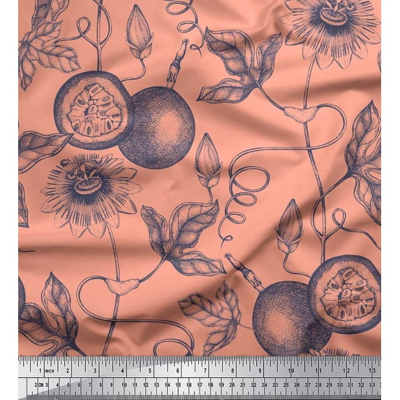 Soimoi Silk Fabric Leaves,Floral & Passion Fruits Printed Craft Fabric by the Yard 42 Inch Wide