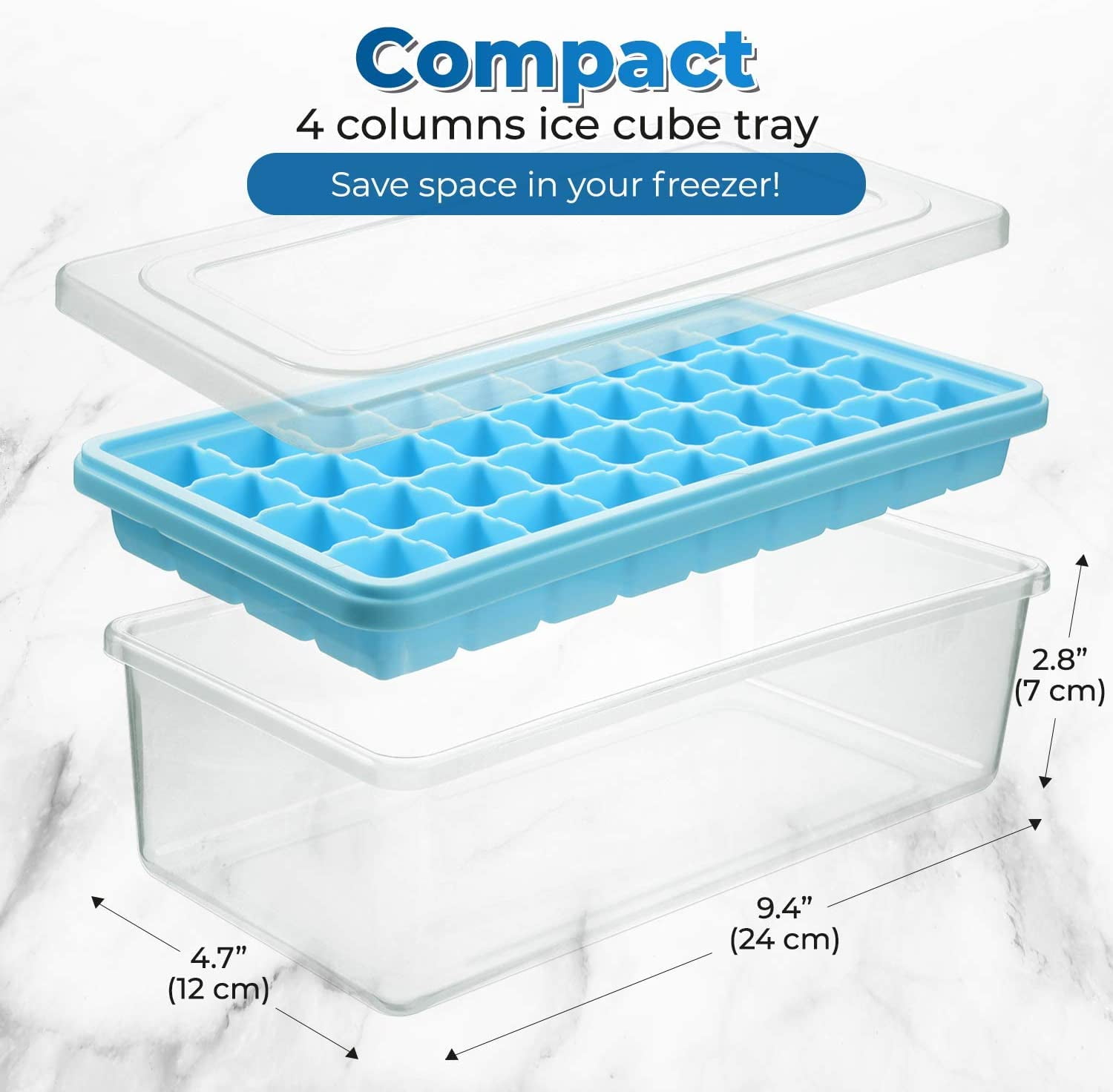 BloominGoods Ice Cube Trays with Lids | Stackable, No Spill, Covered Ice Cube Tray Set with Removable Covers | White & Blue - Pack of 2