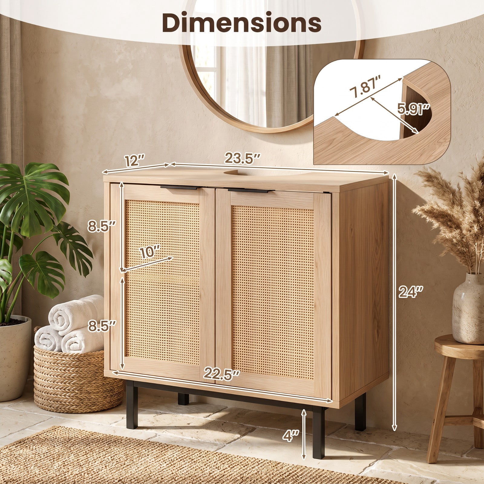 Vebreda Freestanding Bathroom Storage Cabinet, Bathroom Vanity Cabinet with U-Shaped Cut-Out 2 Rattan Doors and Shelf, Hidden Sink Organizer