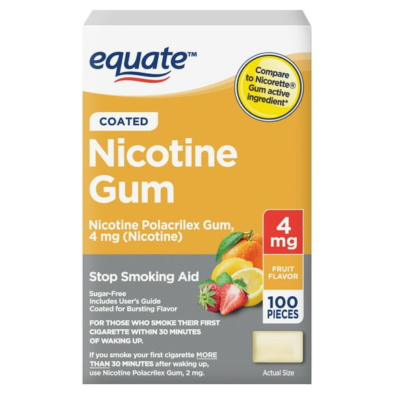 Equate Coated Nicotine Polacrilex Gum 4 mg (nicotine), Fruit Flavor, 100 Count