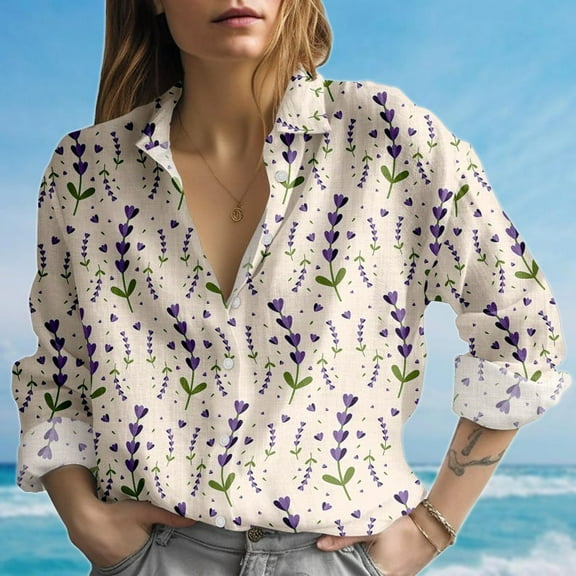 Lavender Floral Blouse Shirt, Vintage Long Sleeve Shirt, Button Down Shirt For Vacation Trip, Flowers Summer Women Shirt, Gift For Her