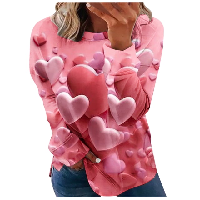 Qertyioot Chemise Cœur d'Amour Saint-Valentin Grande Taille Pull, Manches Longues Graphiques pour Femmes Col Rond Oversize