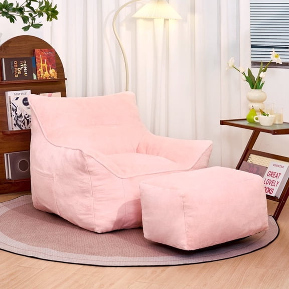 FFZ 41"L Soft Tufted Foam Bean Bag Chair with Faux Fur Fabric, Pink