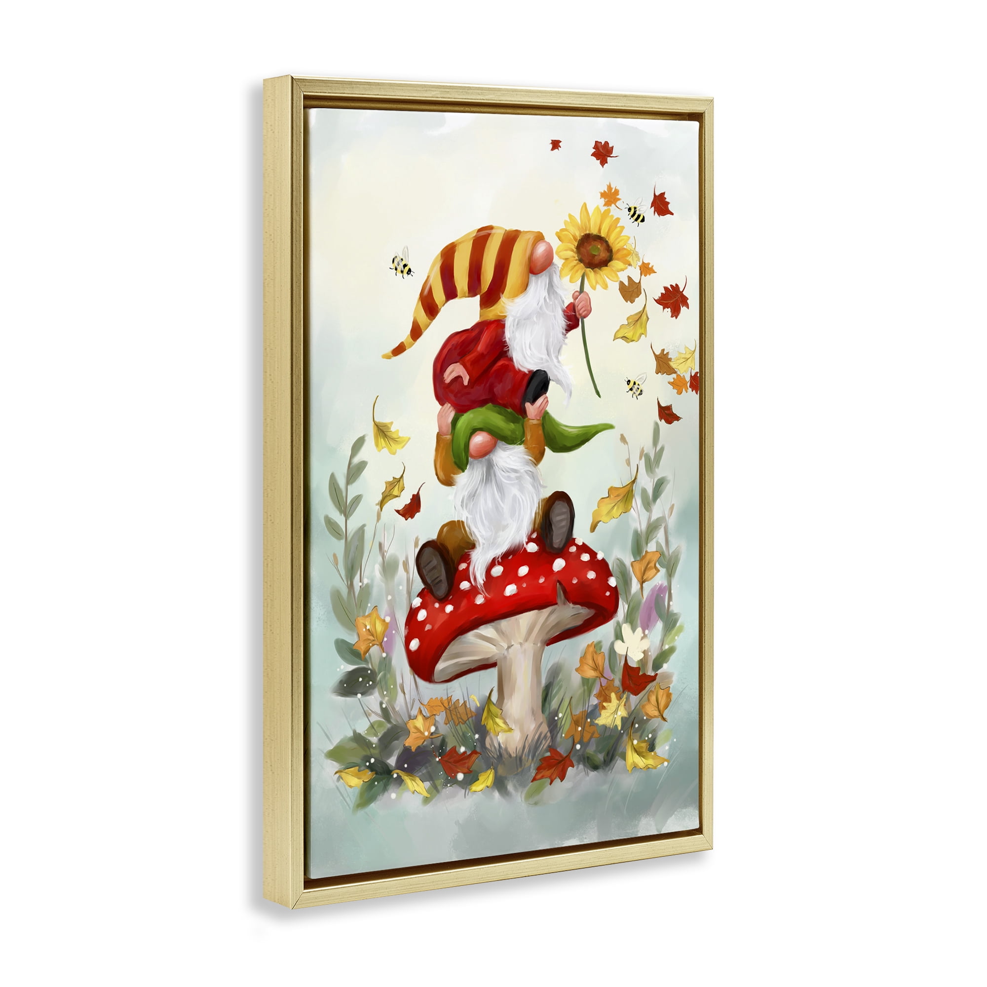 Stupell Industries Autumn Garden Gnome Fairy Tales & Fantasy Painting Gold Floater Framed Canvas Art Print Wall Art, 21 x 31