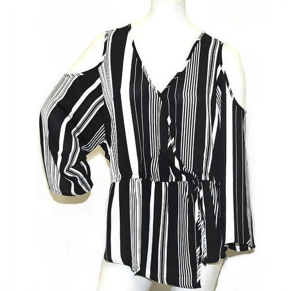 Masseys Women's Stripe Cold Shoulder Top in Black - M