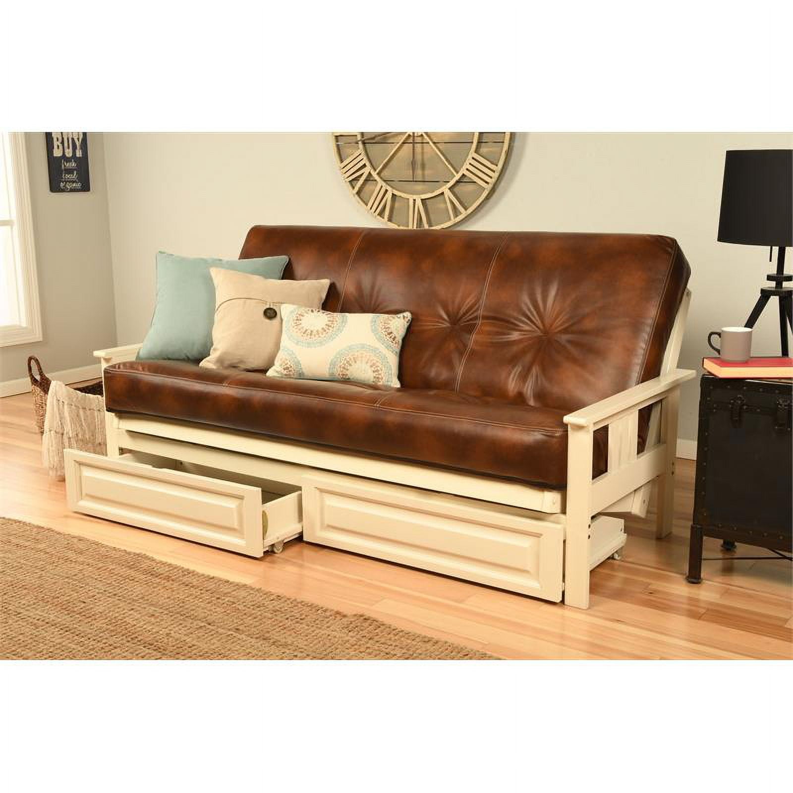 Kodiak Furniture Monterey Antique White Storage Futon with Saddle Brown Mattress