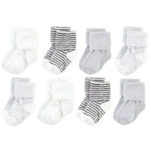 Hudson Baby Cozy Chenille Newborn and Terry Socks, Gray Stripe 8 Pack, 0-6 Months