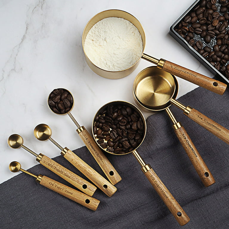Wood and Steel Measuring Spoons Set Gold Finish With Brass Inlay