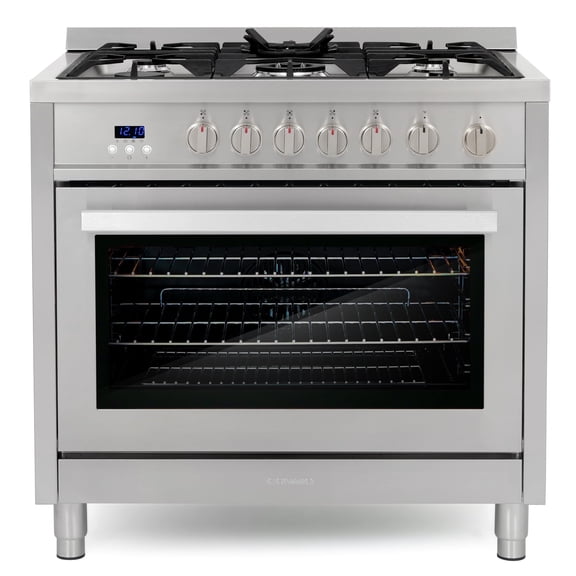 Cosmo 36 in. Nebula Collection 3.8 cu. ft. Gas Range, 5 Burners, Rapid Convection Oven, Cast Iron Grates in Stainless Steel