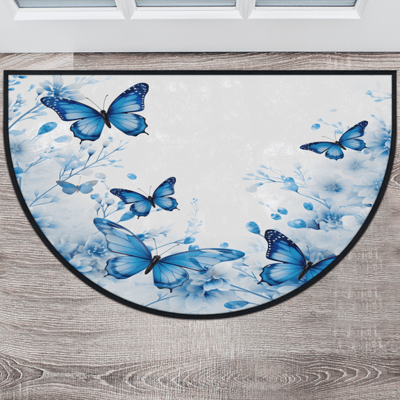 CURLYOOT Flower Butterfly Blue Floral Half Round Door Mat 40'' x 63'', Indoor Outdoor Entrance Rug, Semi Circular Area Rug, Non Slip Washable Absorbent Doormat, Laundry Room Rug