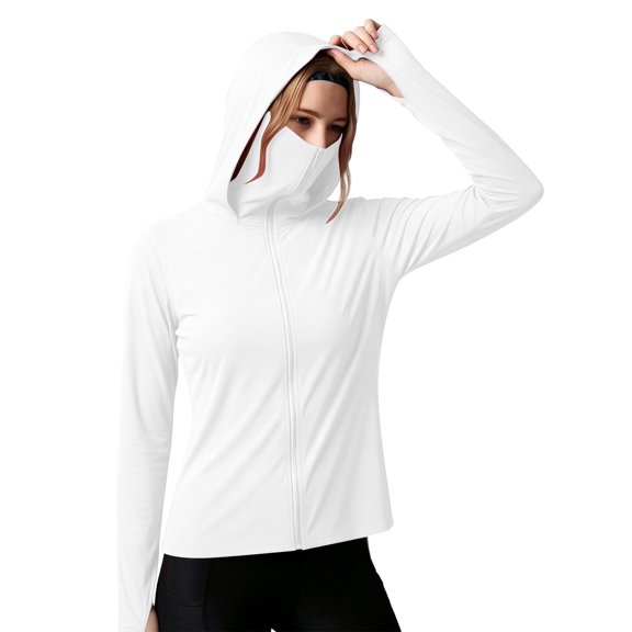 IUYRTFE Women's UPF 50 Hooded Sun Protection Jacket Full Zip Long Sleeve with Face Mask and Thumbholes Lightweight Outdoor Coat