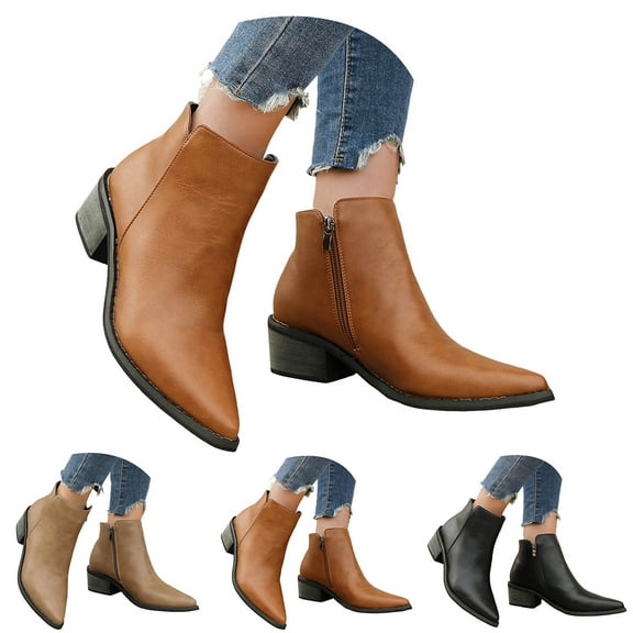 Dakaela Womens Ankle Boots Pointed Toe Western Short Booties Chunky Stacked Heel Slip on 2025 Dress Work Shoes Black 6