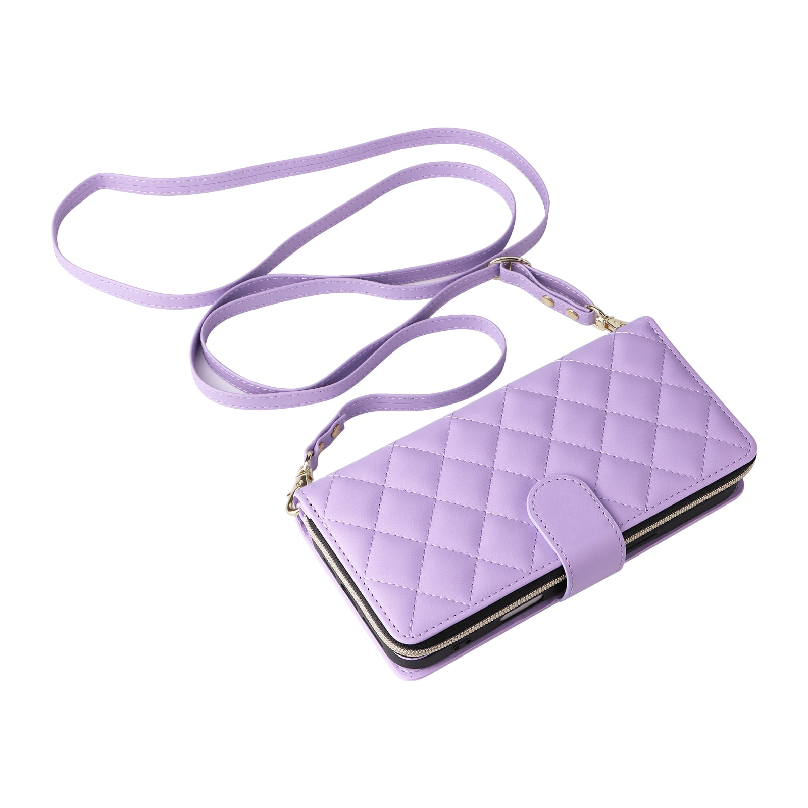 Allytechgroup Case for iPhone 16 with Credit Card Slot, Built-in Shoulder Strap Lanyard PU Leather Wallet Flip Stand Case Full Body Shockproof Protective for iPhone 16, Purple