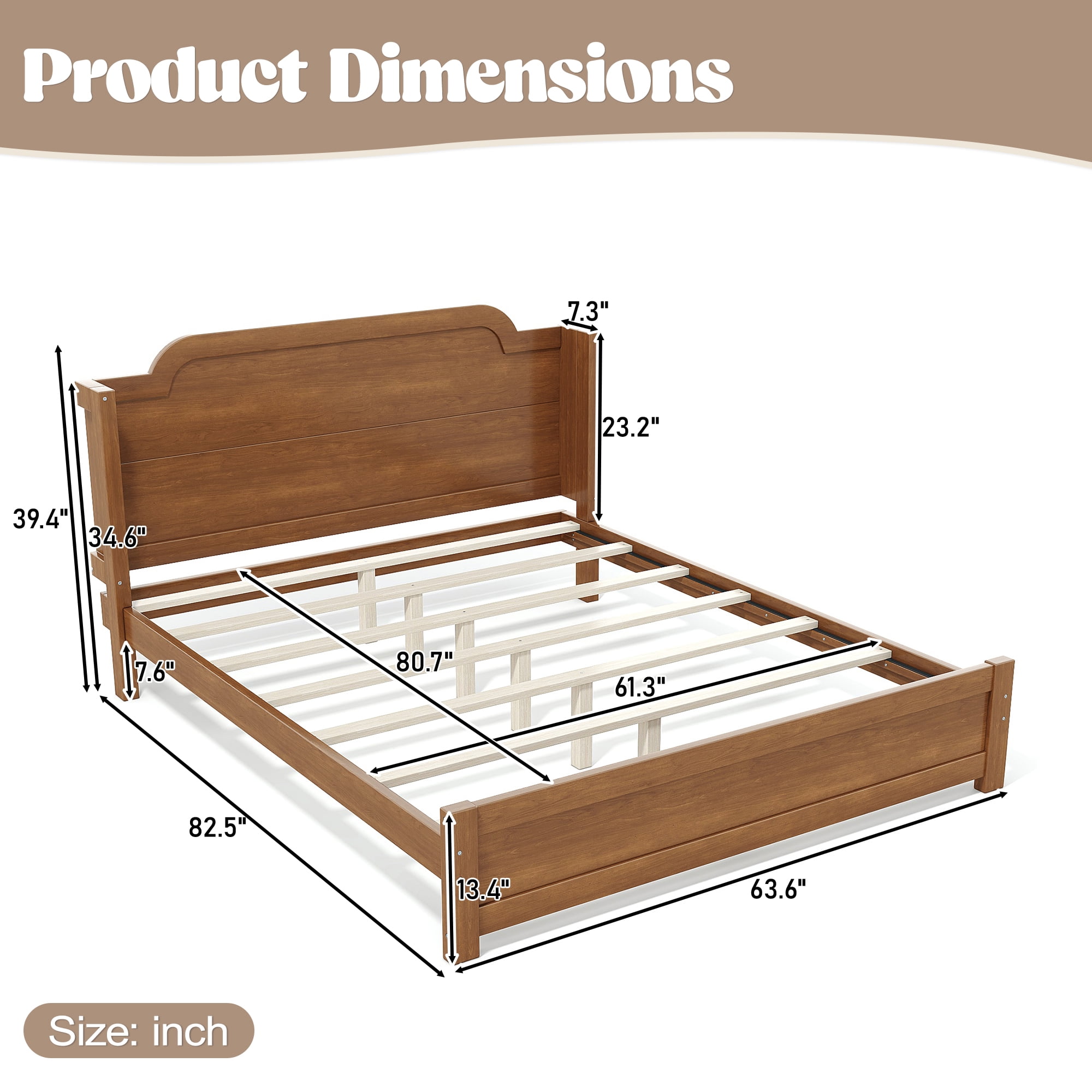 GARITIN Queen Solid Wood Platform Bed with Headboard, Brown Finish & Minimalist Design, Easy Assembly, No Box Spring Needed Traditional Wood Bed Frame, Brown
