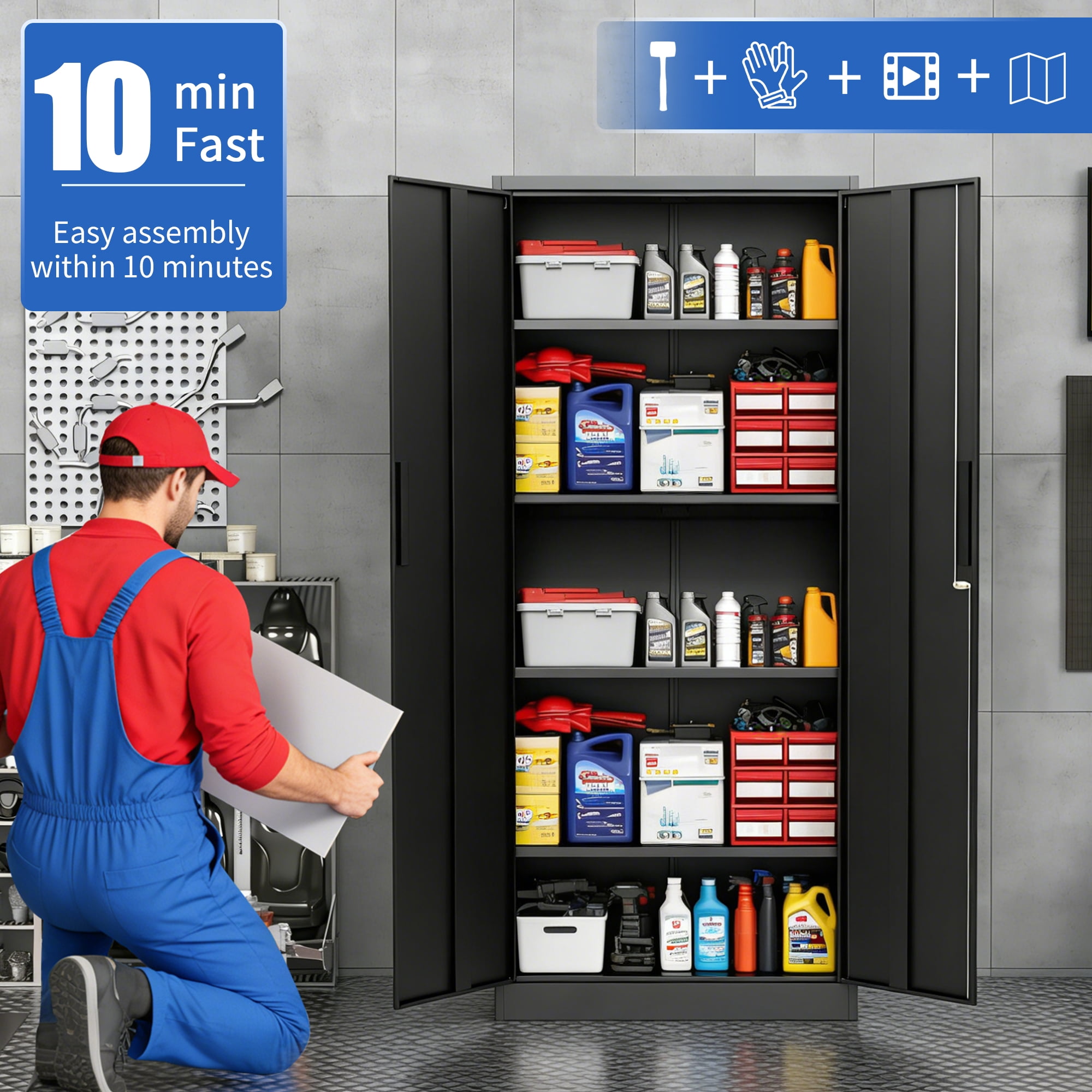 72"H Metal Garage Storage Cabinet, Black Tool Steel Locking Cabinet with Doors and 4 Shelves, Tall Cabinets for Garage Storage Systems Lockable File Cabinet for Home Office, Classroom/Pantry