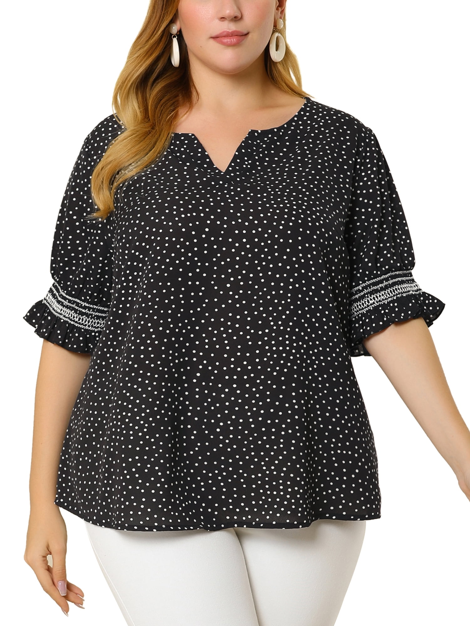 Unique Bargains Women's Plus Size Dots Heart Smocked Short Sleeve Blouse 1X Black