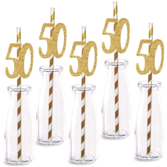 50th Birthday Paper Straw Decor, 12pcs Real Gold Glitter Cut-Out Numbers Happy 50 Years Party Decorative Straws