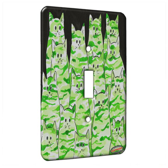 KuzmarK™ Single Gang Toggle Switch Wall Plate - Green Camo Camouflage Kitties Abstract Cat Art by Denise Every