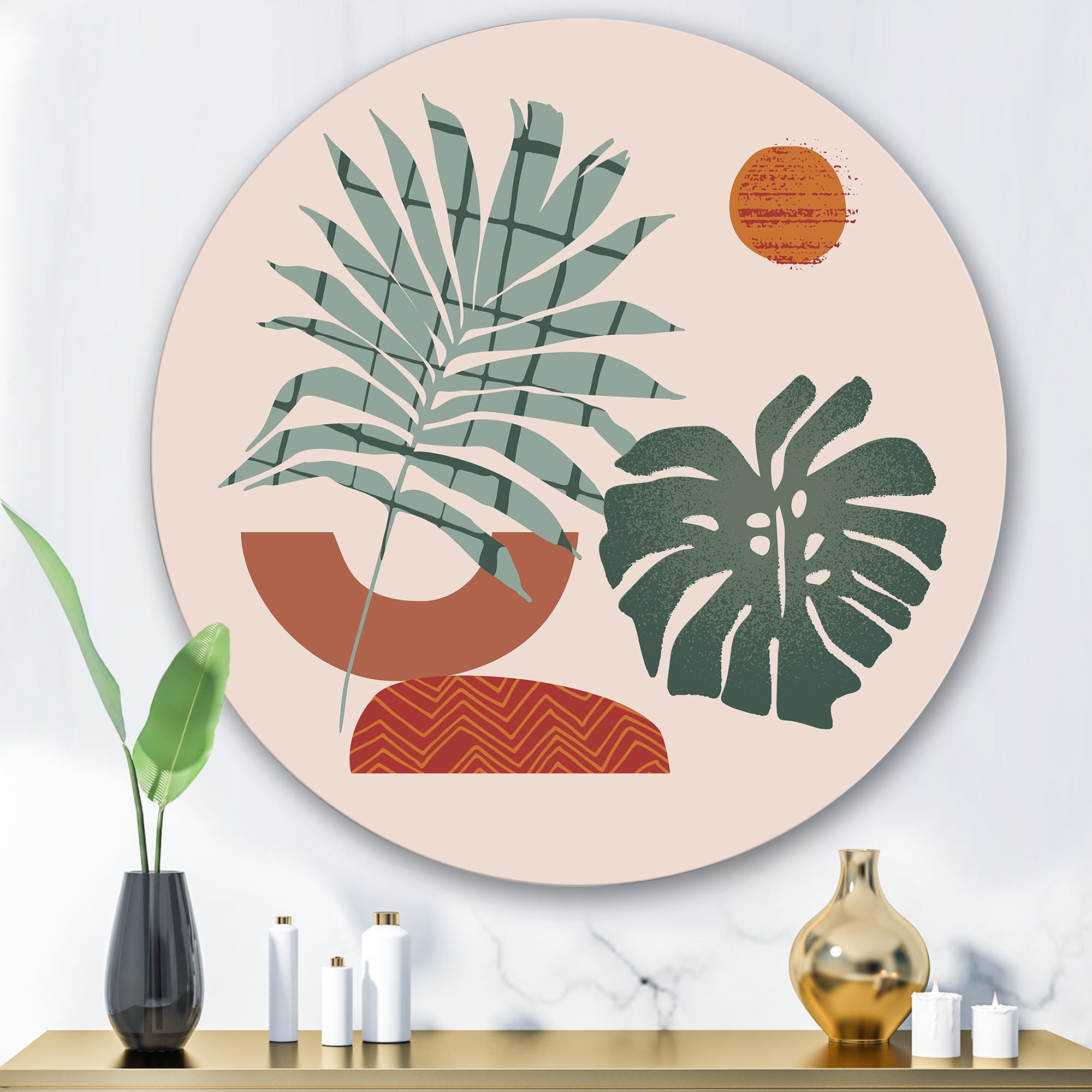 Designart 'Sun and Moon Shapes In Retro Green & Terracotta Tone' Modern Circle Metal Wall Art 29x29 - Disc of 29