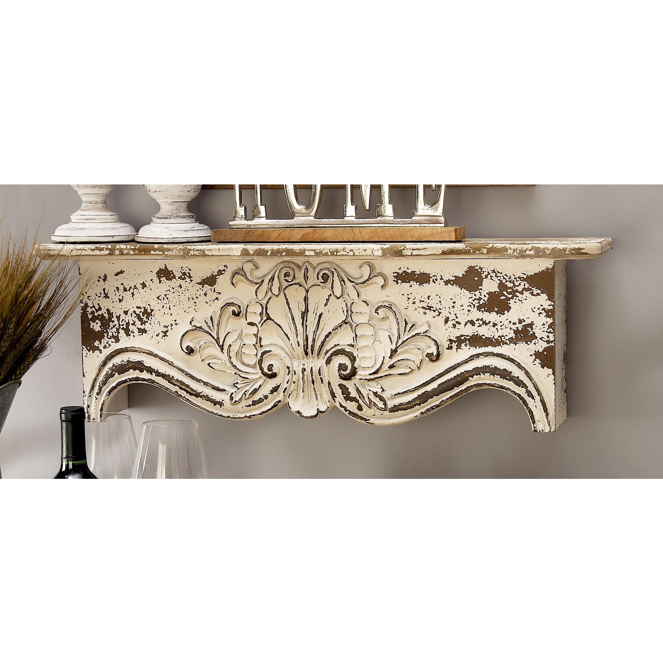 DecMode 28" x 6" Distressed 1-Tier White Scroll Wall Shelf