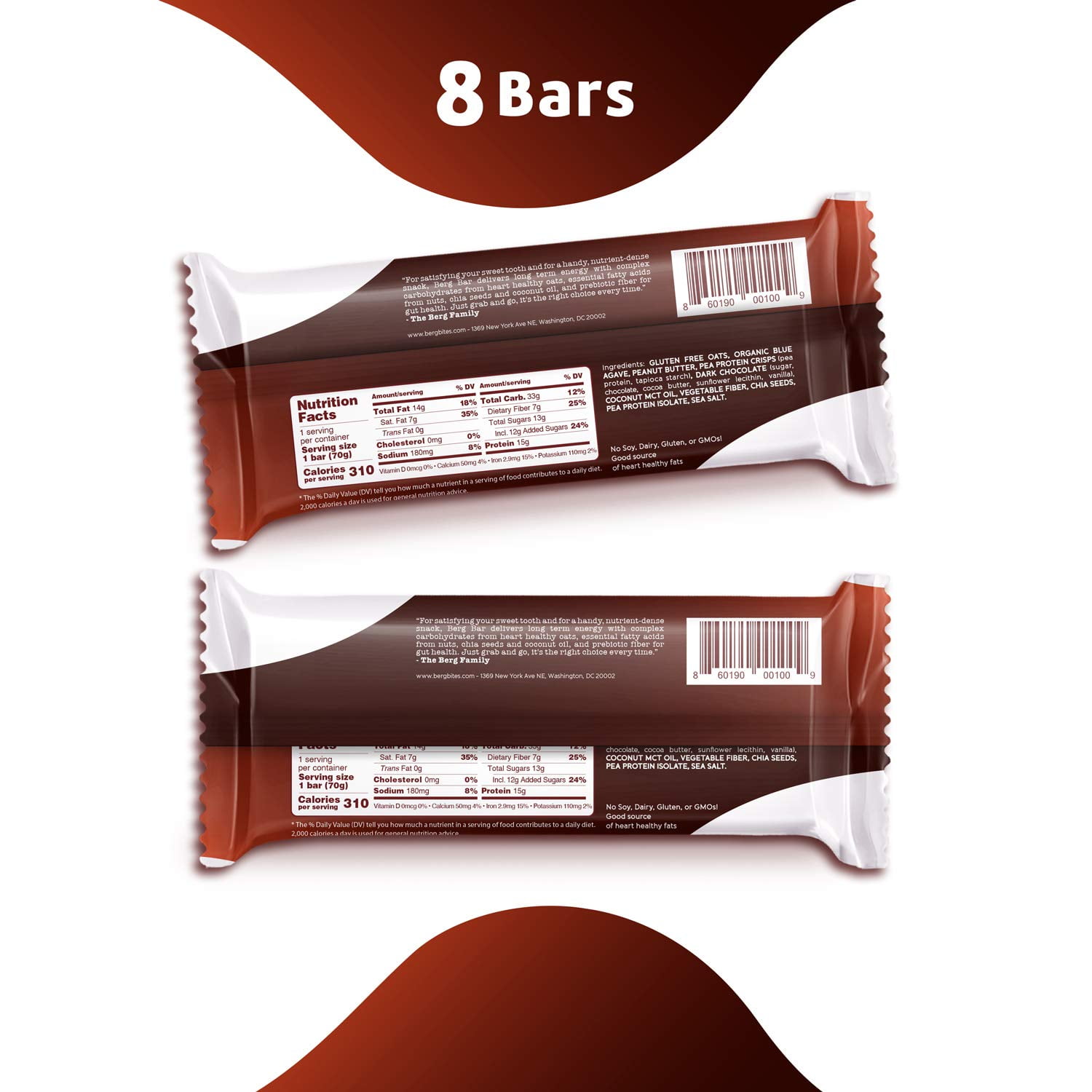 Berg Oat N' Energy Bar | Plant Based Protein Bar | Non-GMO, Gluten Free, Nut Free and Vegan | Low Sugar, Healthy Snack Bar | High Fiber | On The Go | 2.5oz, Pack of 8 (Peanut Butter & Dark Chocolate)