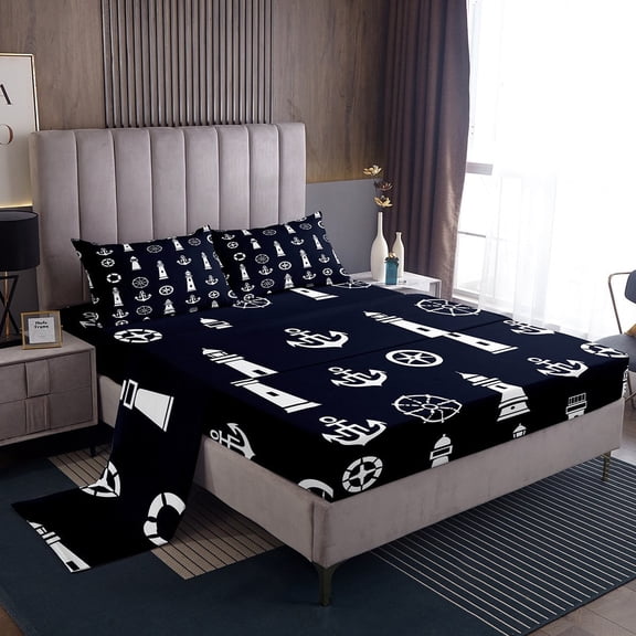 Erosebridal Ocean Anchor Lighthouse Sheet Set Twin,Nautical Theme Bedding Sets Twin Size,Breathable Bed Sheets Twin,Marine Decor,3pcs