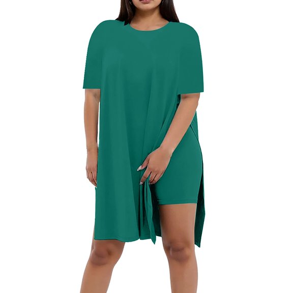 JIAYUE Women 2 Piece Outfits Sets Casual Short Sleeve Oversized Solid Color Tops Tight Shorts For Daily Wear Side Slit Spring Summer Versatile Fashion Round Neck Female Clothing Set