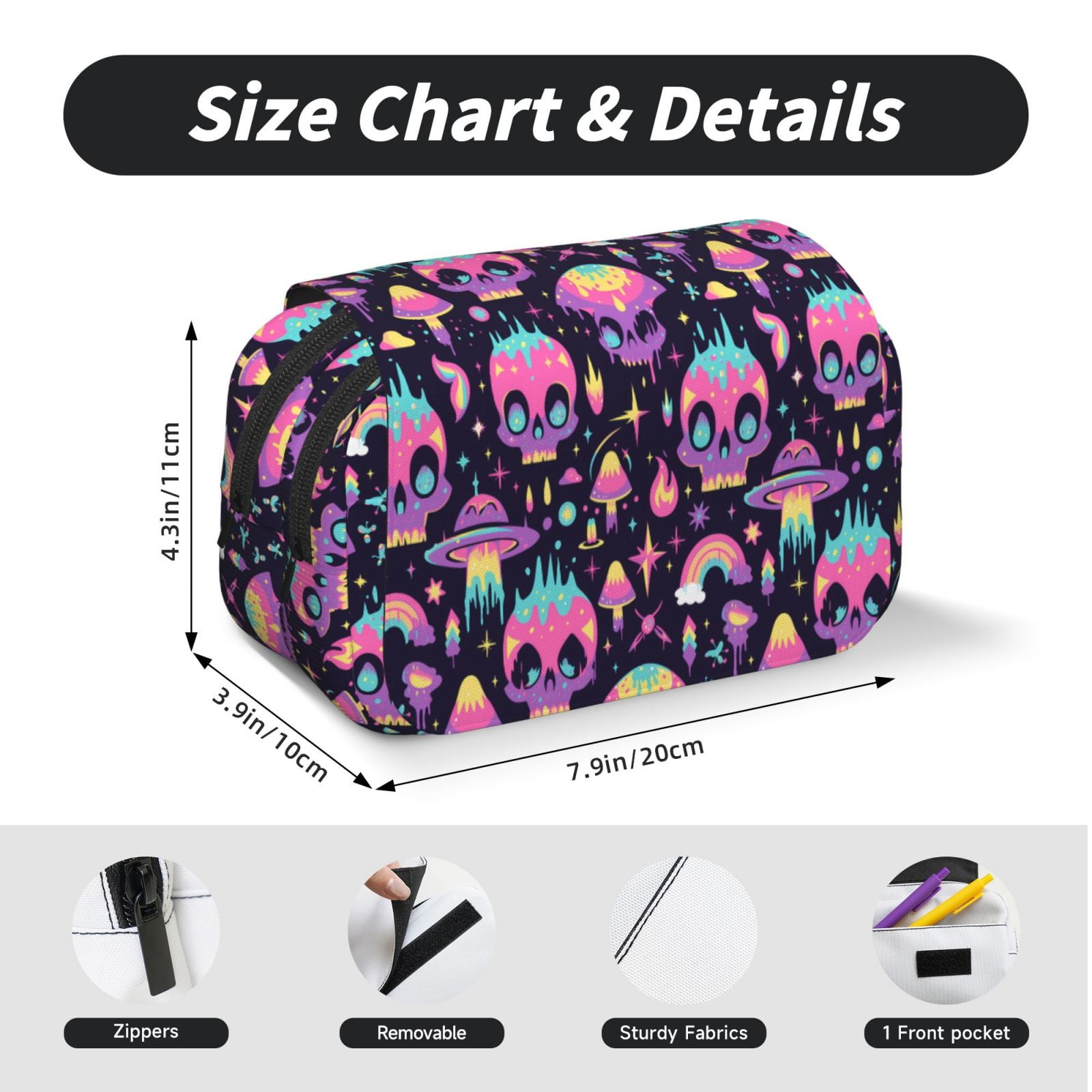 Rateoe cartoon Skull rainbow space Pattern Double Clamshell Pen Case, Storage Organizer with Two Zipper Compartments– Holds Up to 50 Pencils & Pens