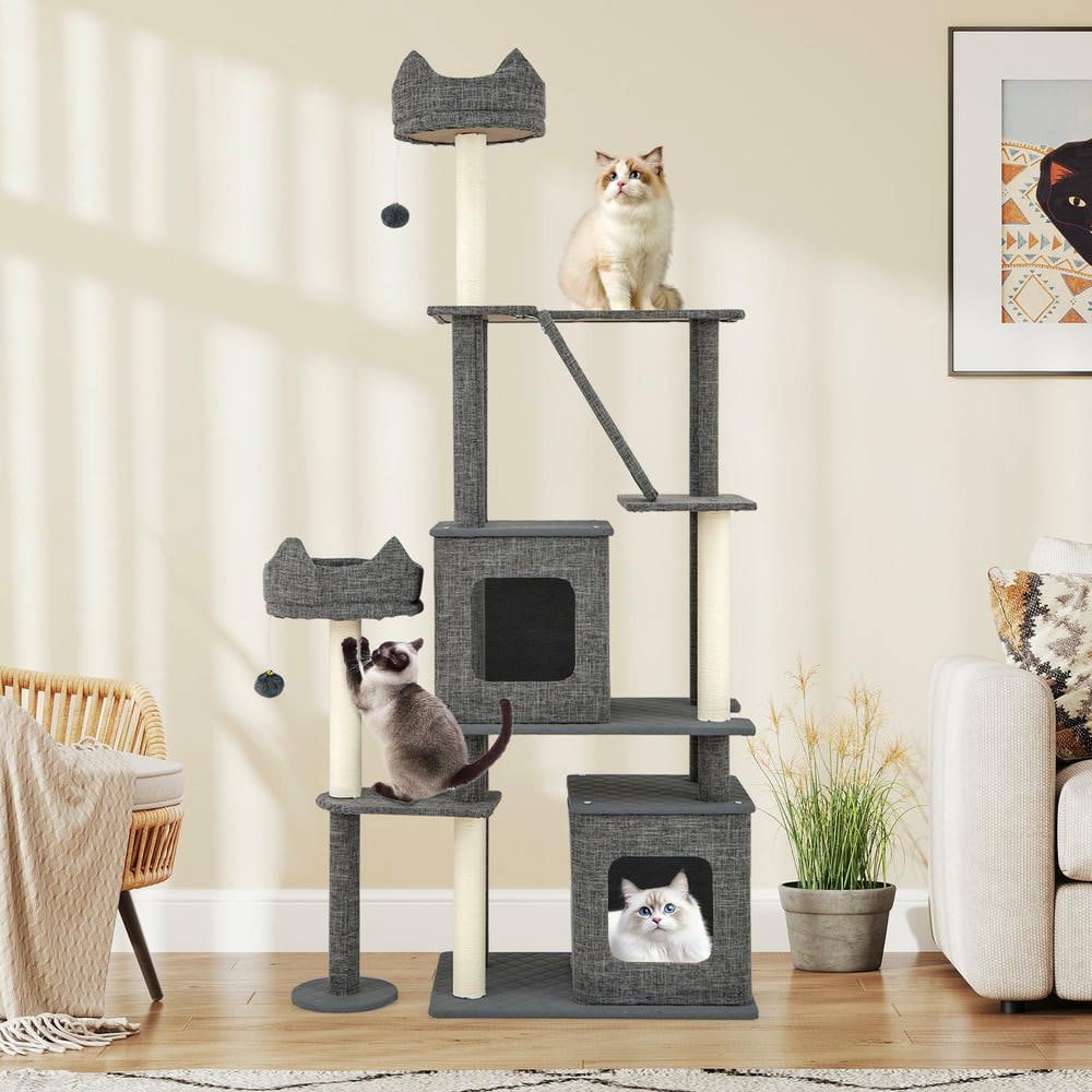 Resenkose 71-Inch Tall Multi-Level Large Cat Tree Tower with Sturdy Scratching Posts for Active Feline Play, Grey​