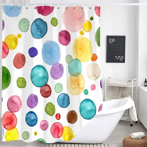 Kids Watercolor Bubble Shower Curtain, Rainbow Stripes Theme Fabric Shower Curtain Set Kids Bathroom Decorative Hook Waterproof Fabric Bath Curtains, Purple Yellow Red Blue, 72X72in