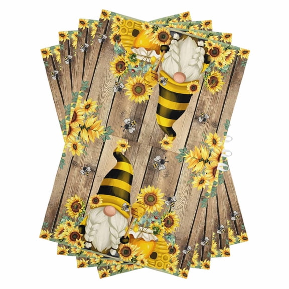 Yellow Sunflower Kitchen Towels Set of 4, Water Absorbent Dish Towel, Farmhouse Wood Grain Bees Gnomes Decorative Hand Towels - Quick Drying Cloth for Cooking Baking, 18x28 Inch