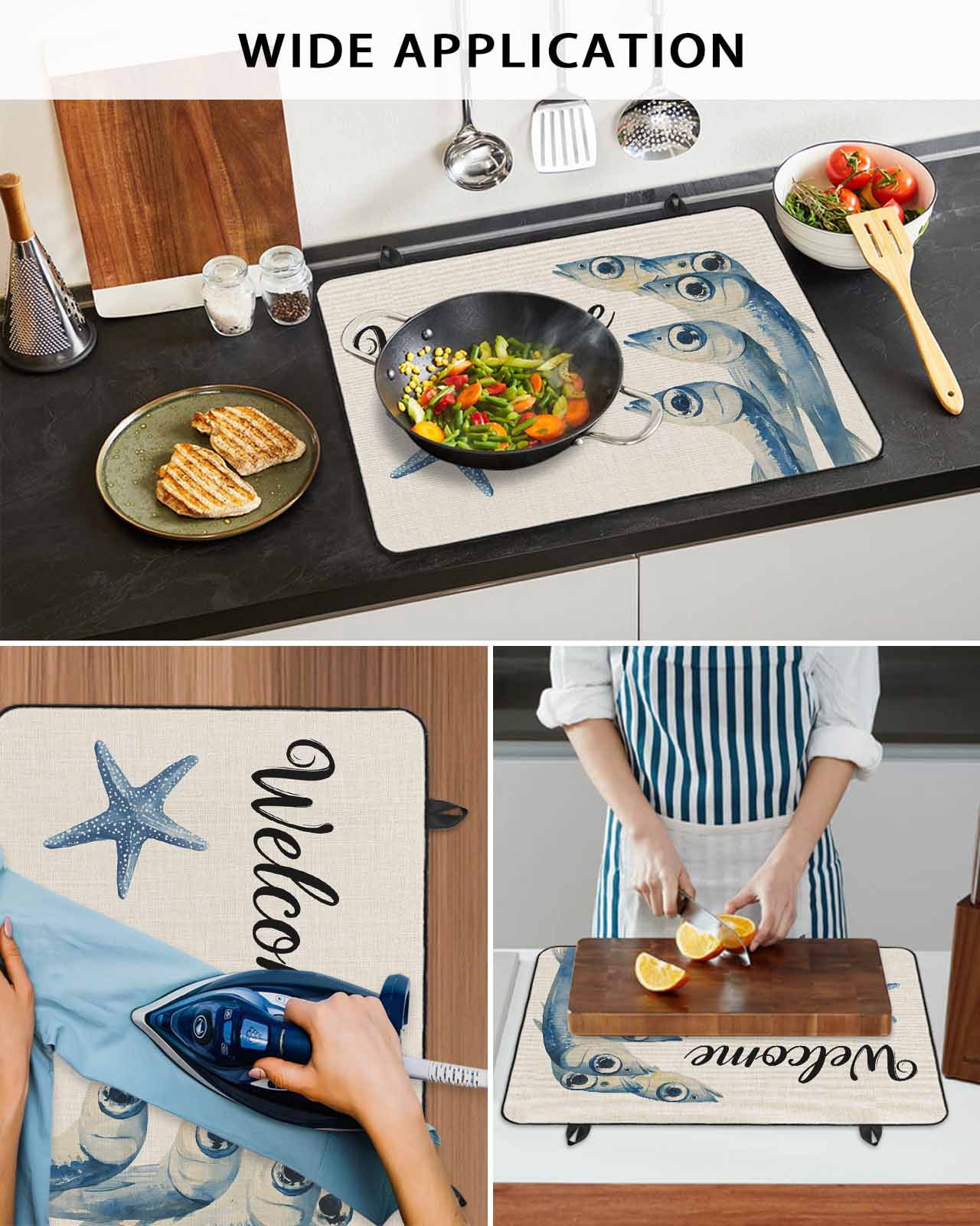 nqOlkjepod Large Induction Cooktop Protector Mat 36"x21", Ocean Fishes Stove Top Covers for Electric Stove, Underwater Animal Starfish Retro Beige Stove Burner Cover Mats, Glass Top Stove Cover