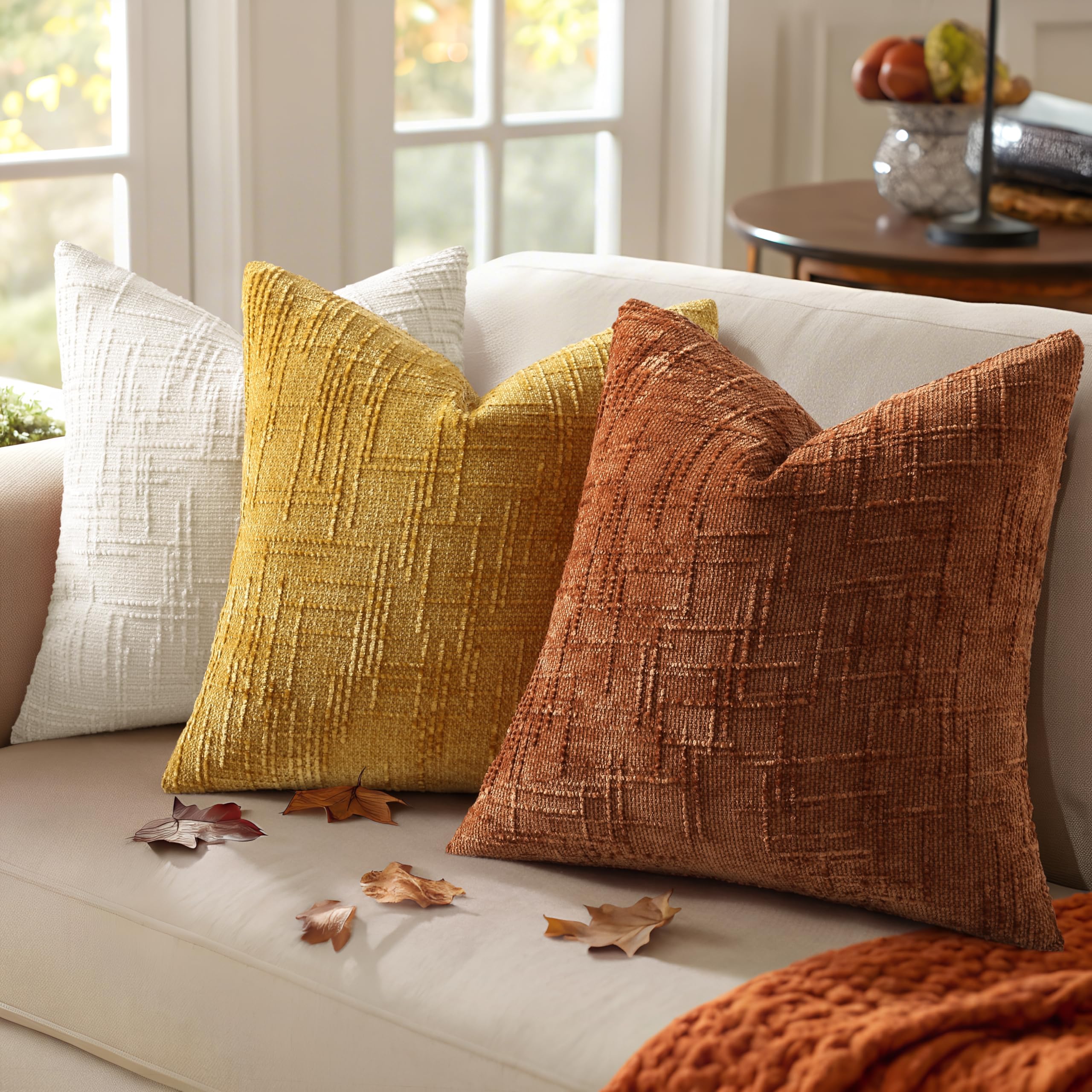 HAPPINESS Chenille Throw Pillow Covers 22x22 Set of 2 Thick Textured Slubby Couch Pillow Covers Farmhouse Accent Modern Neutral Decorative Pillow Cases for Bed Sofa Living Room