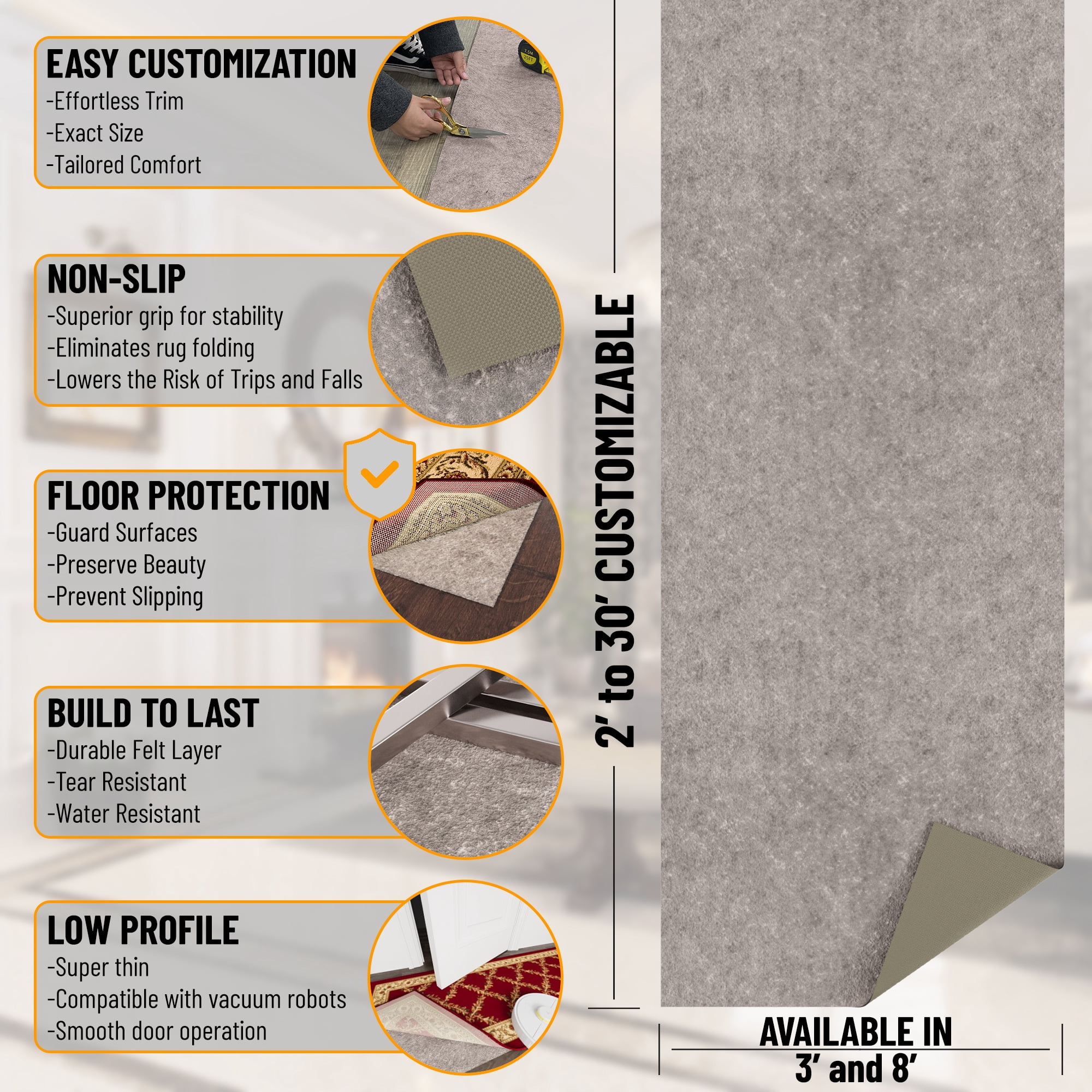 Ottomanson Absorbent Non-Slip Runner Rug Pad Dual Surface Safe for Hardwood & Carpet, 3' x 6'