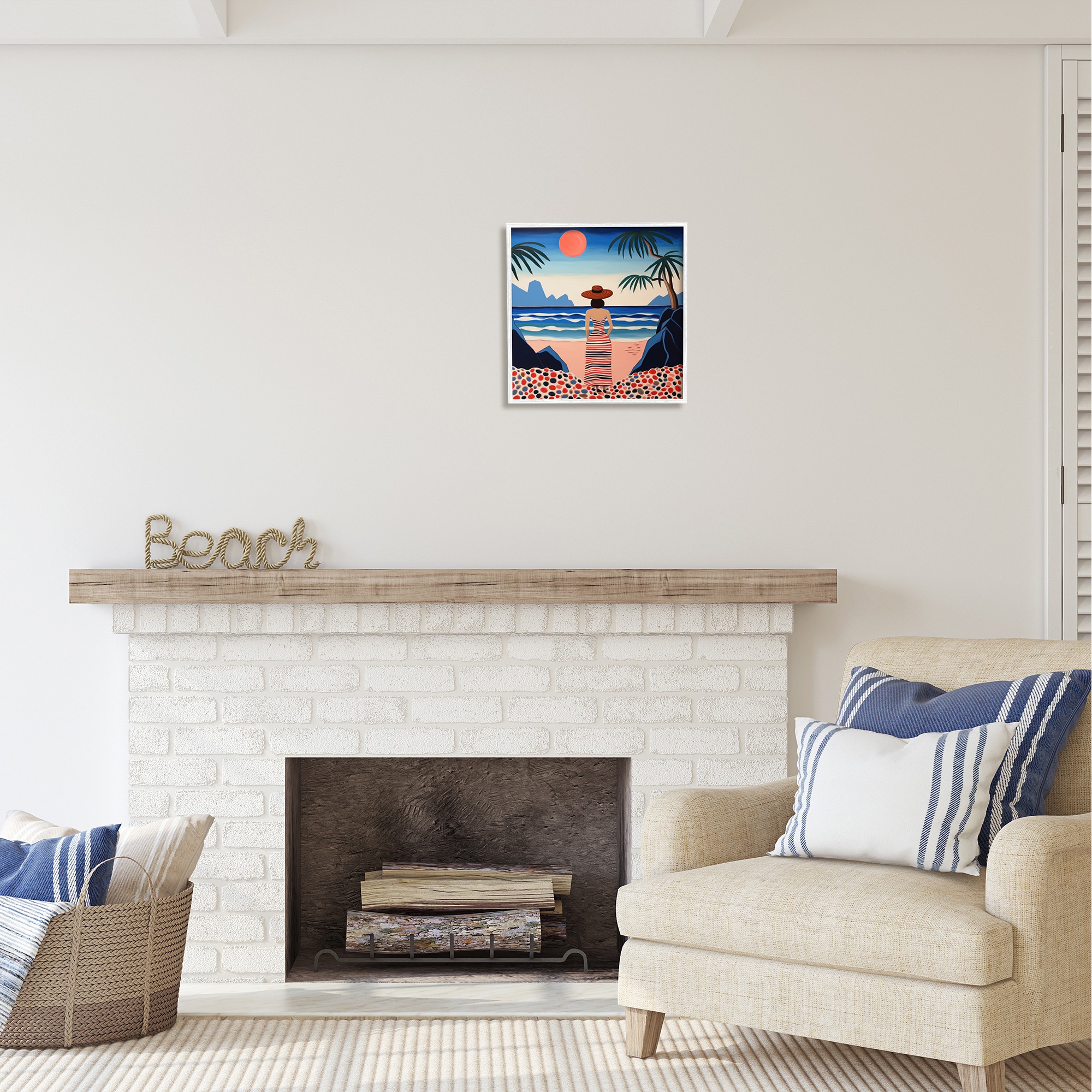 Stupell Industries Patterned Woman on Beach Landscape Painting White Framed Art Print Wall Art, 17 x 17
